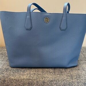 Tory Burch Large Sky Blue Pebbled Leather Tote with Gold Logo & Detachable Charm